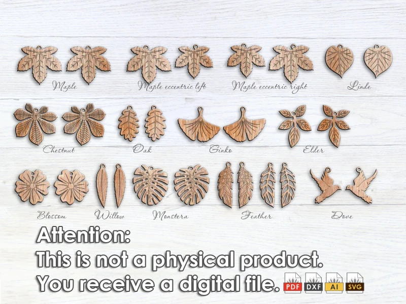 Schöne Ohrhänger europäische und amerikanische Blätter - Laserschnittdatei Pdf Ai Dxf Svg - Bonus: Taube und Feder