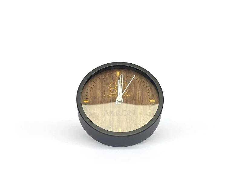 Black alarm clock with walnut design - customizable