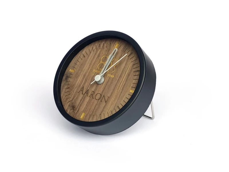 Black alarm clock with walnut design - customizable