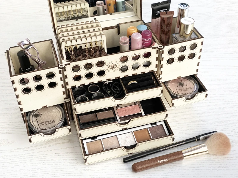 große klappbare Schmuckschatulle Schminkkiste Aufbewahrungsbox Organizer - Laserschnittdatei Pdf Ai Dxf Svg für Ohrhänger Ringe Ketten uvm.