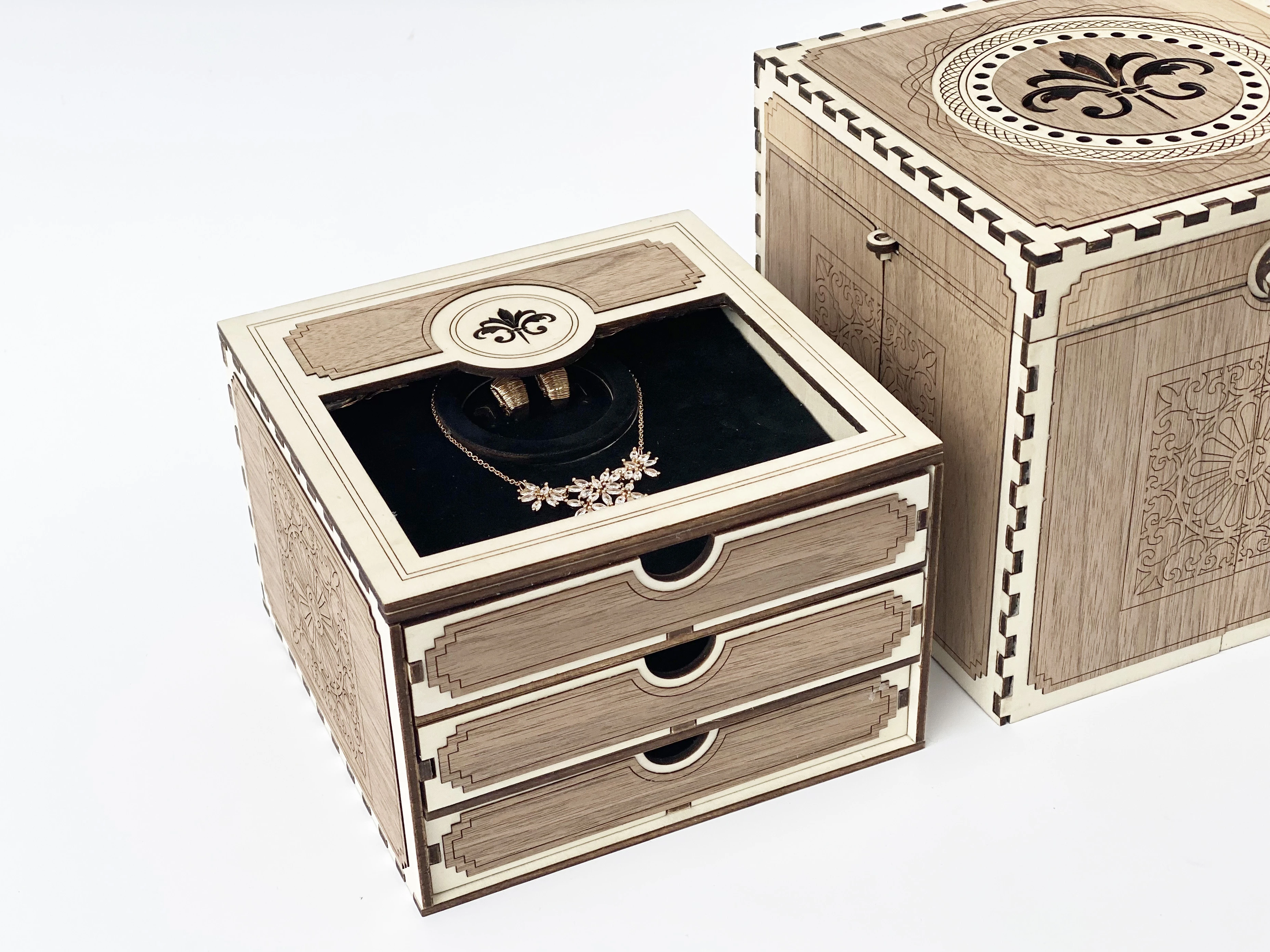 Collier/Ketten-Schrank Schmuckschatulle Aufbewahrungsbox - Laserschnittdatei Pdf Ai Dxf Svg für Collier, Ketten und Ohrringe