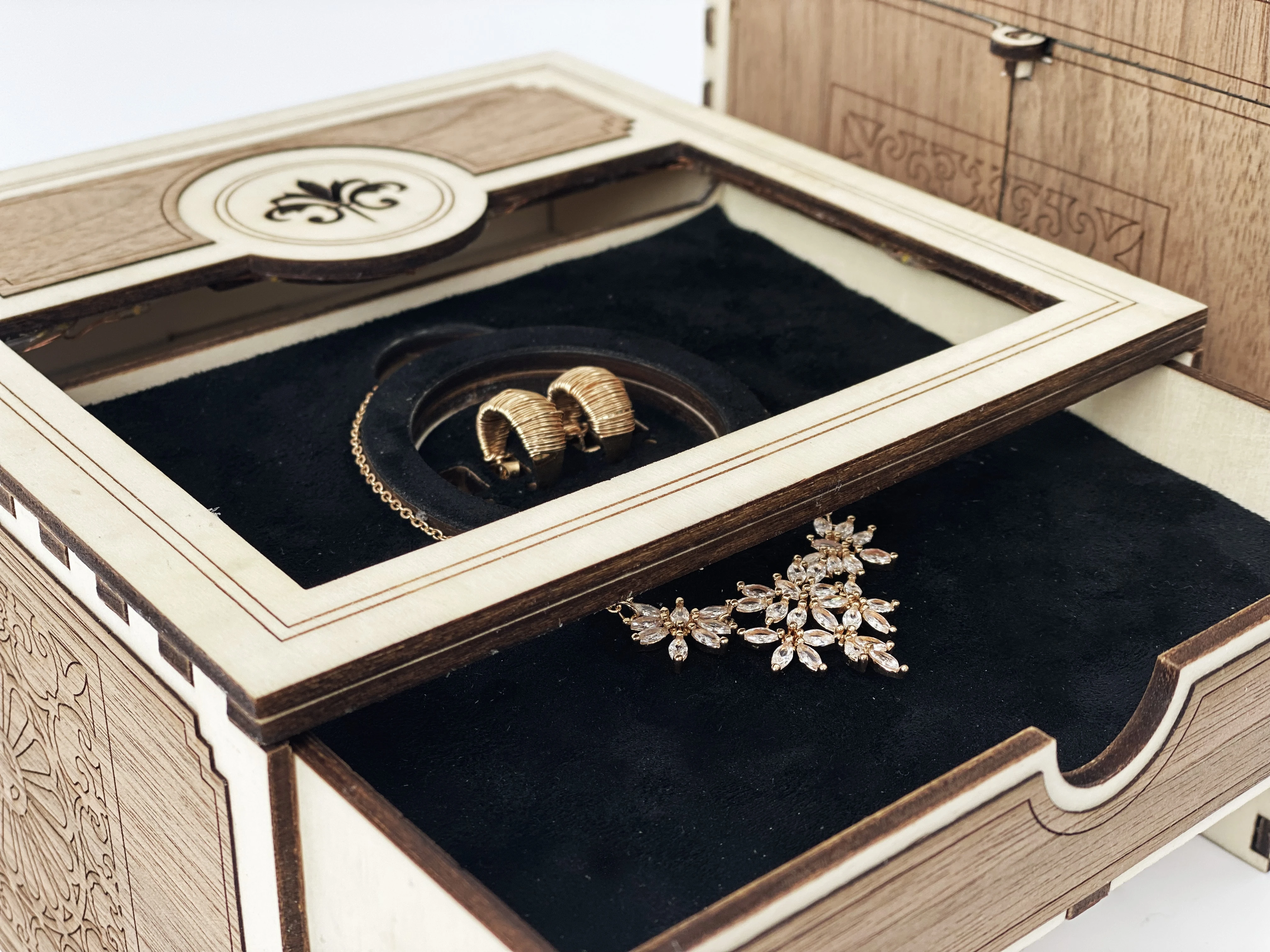 Collier/Ketten-Schrank Schmuckschatulle Aufbewahrungsbox - Laserschnittdatei Pdf Ai Dxf Svg für Collier, Ketten und Ohrringe