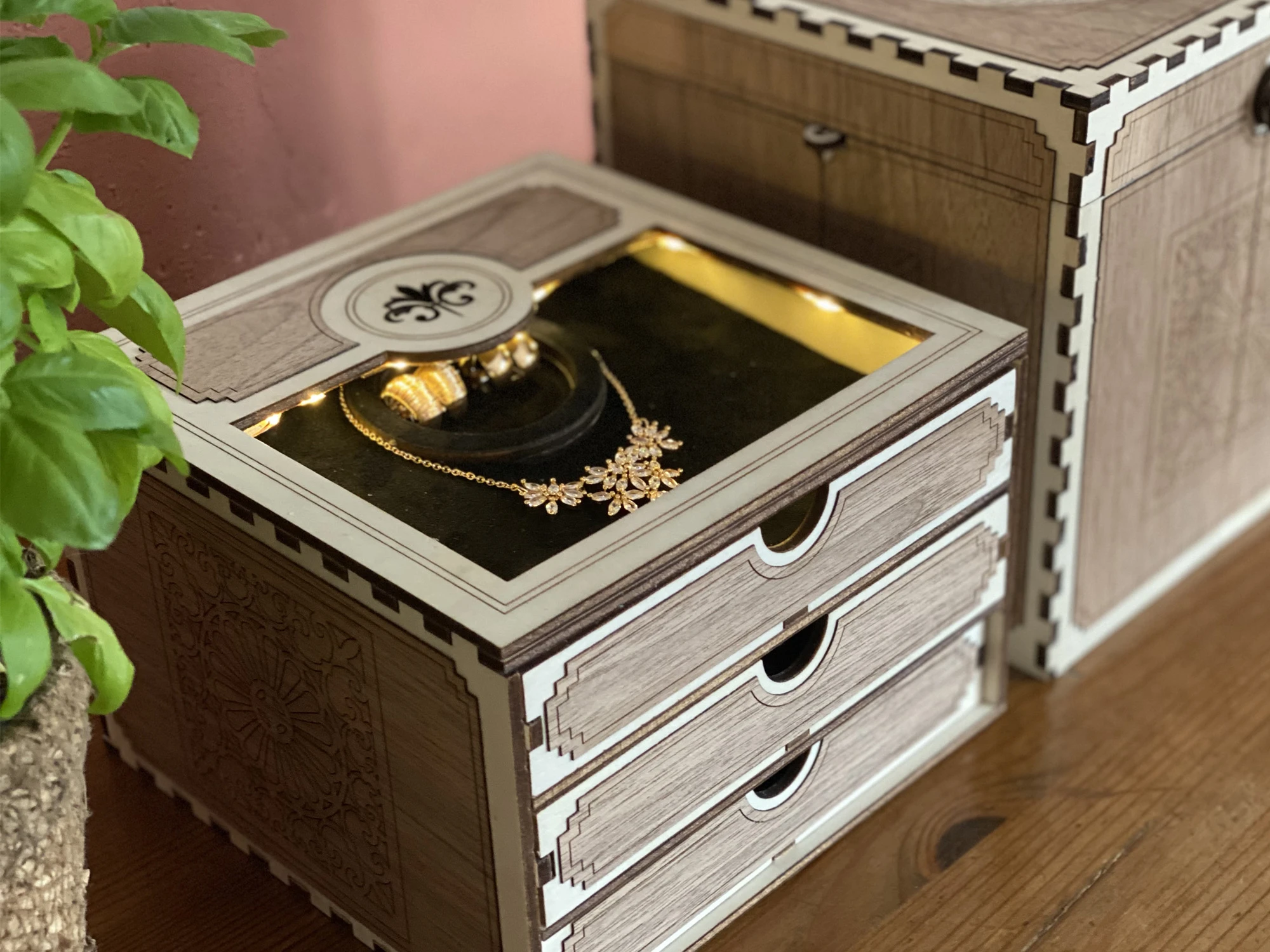 Collier/Ketten-Schrank Schmuckschatulle Aufbewahrungsbox - Laserschnittdatei Pdf Ai Dxf Svg für Collier, Ketten und Ohrringe