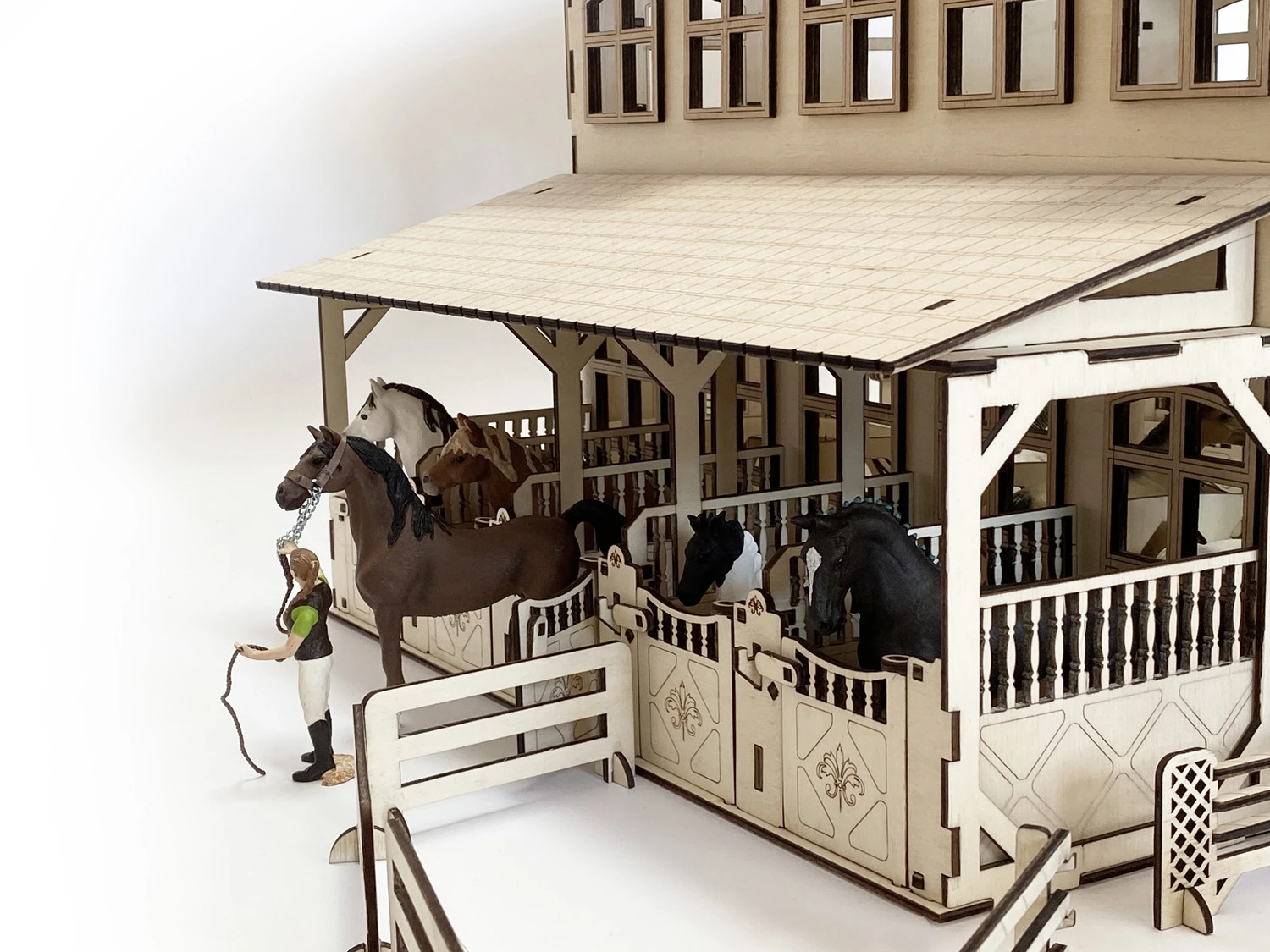 Laser file - House with 20 horse boxes consisting of 2 wall shelves with accessories