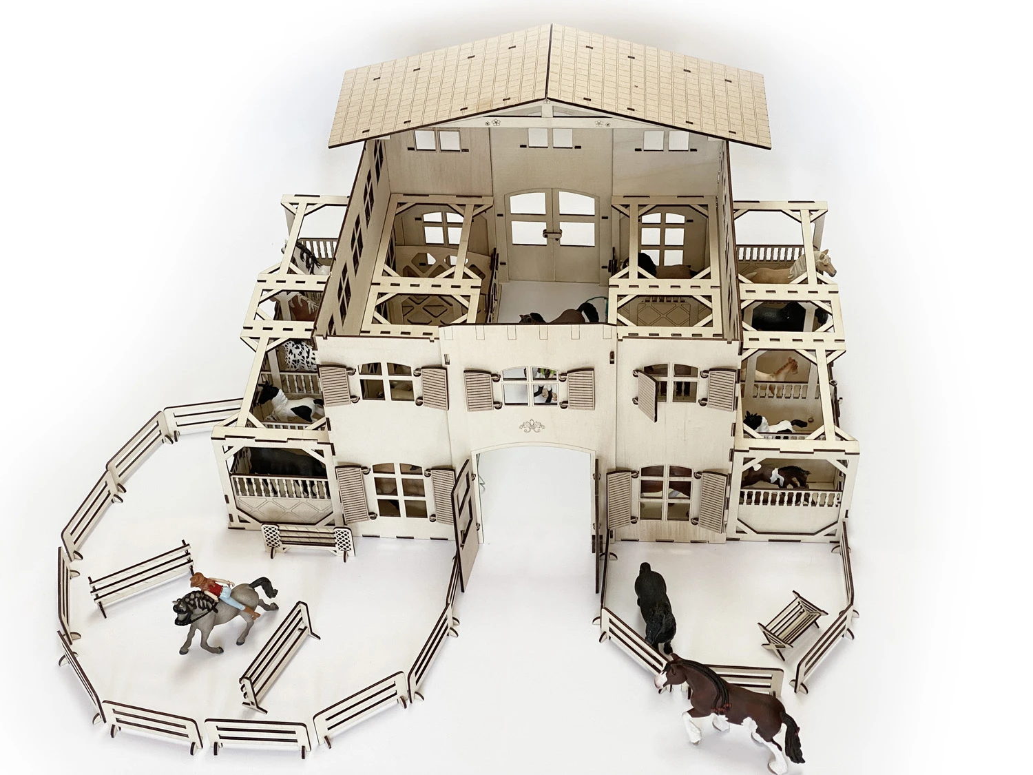 Laser file - House with 20 horse boxes consisting of 2 wall shelves with accessories