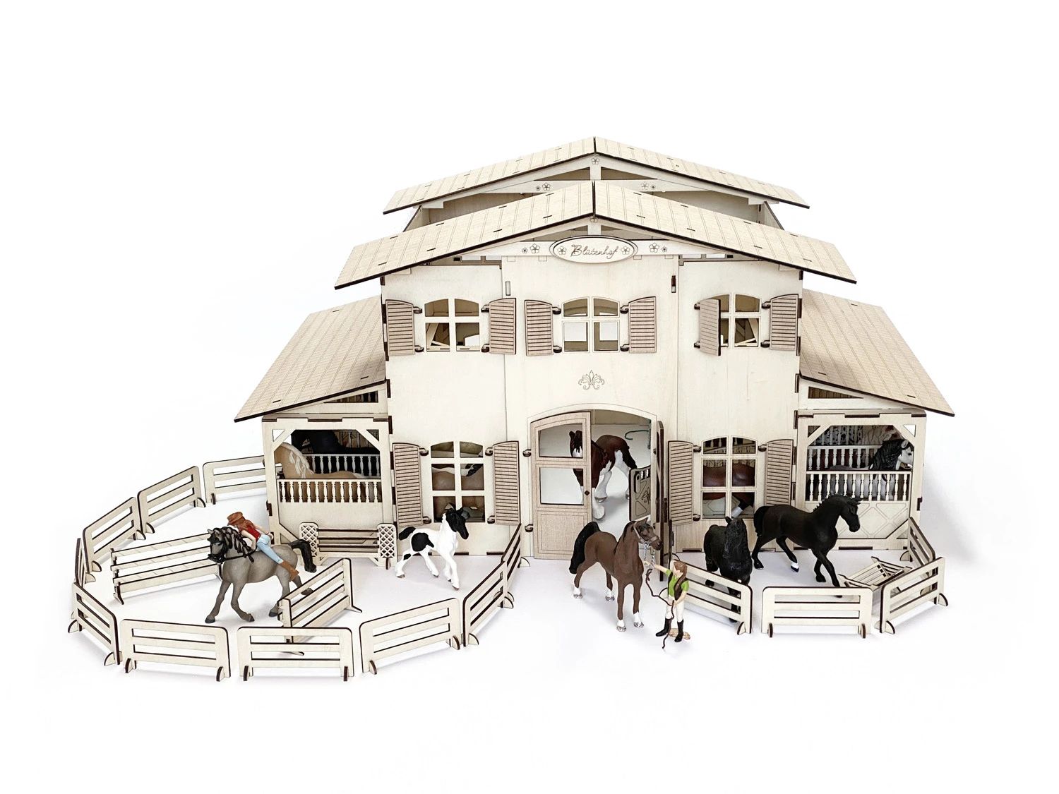 Laser file - House with 20 horse boxes consisting of 2 wall shelves with accessories