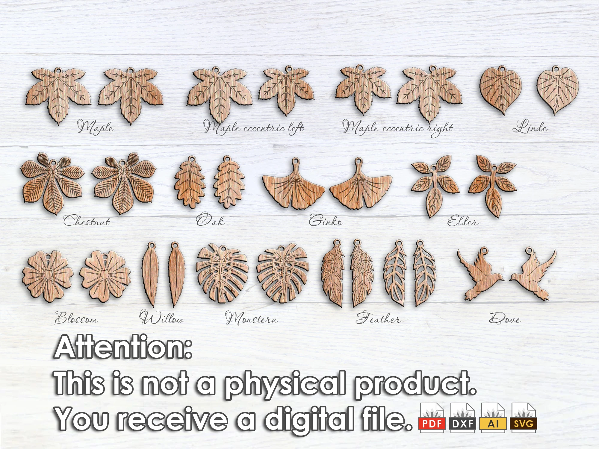 Beautiful earrings European and American leaves - laser cut file Pdf Ai Dxf Svg - Bonus: dove and feather